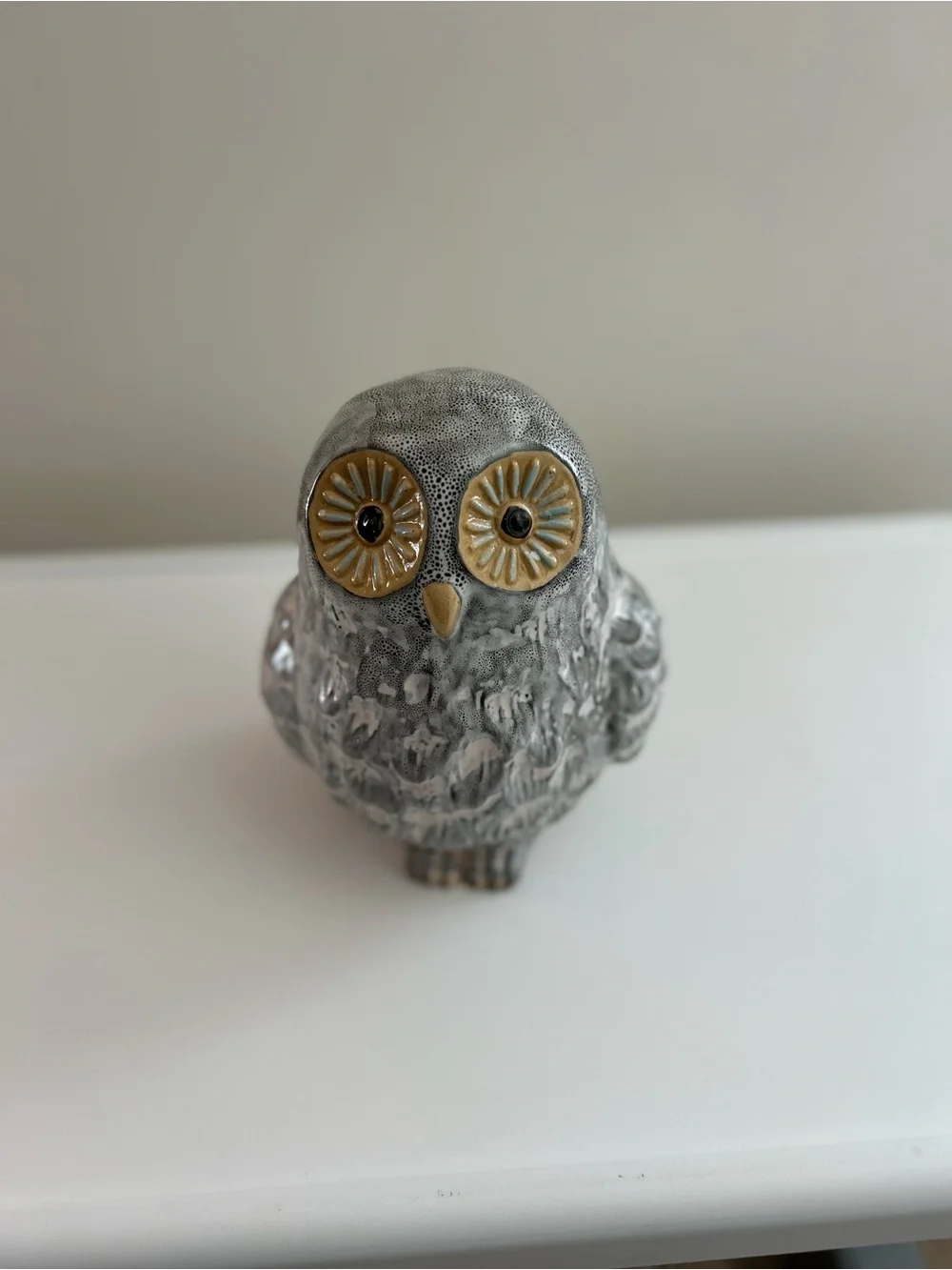 Gray Ceramic Owl Figurine with Gold Accent - Decorative Bird